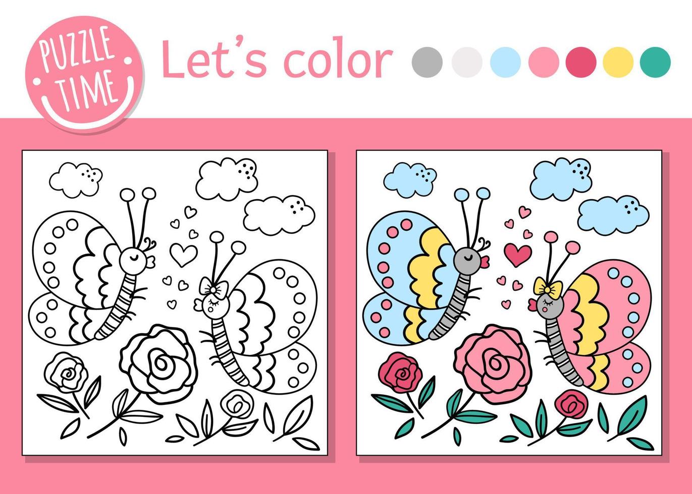 Saint Valentine Day coloring page for children. Funny scene with butterflies, flowers, hearts. Vector holiday outline illustration with cute insects. Color book with for kids with colored example