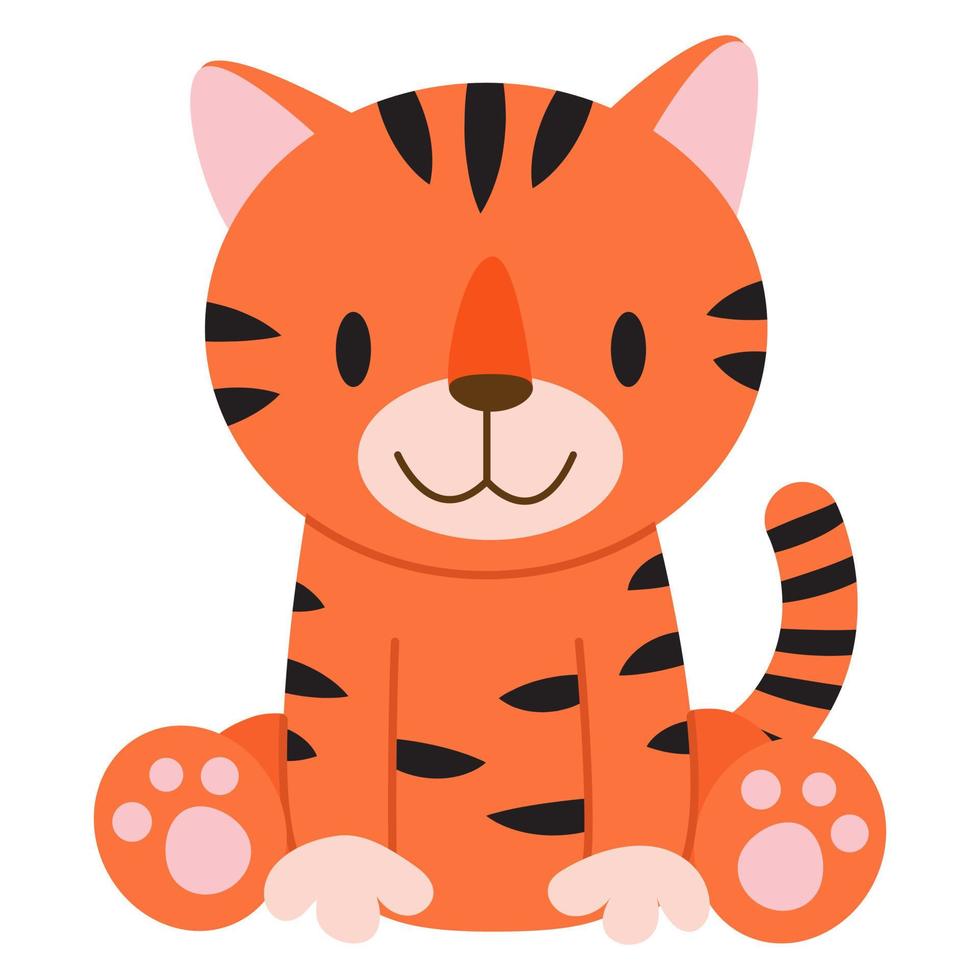 pequeño tigre de dibujos animados lindo. Ilustración para tarjetas, ropa, baby shower, textiles y libros. elemento de diseño y decoración infantil. impresión divertida positiva para cumpleaños y fiesta de navidad vector