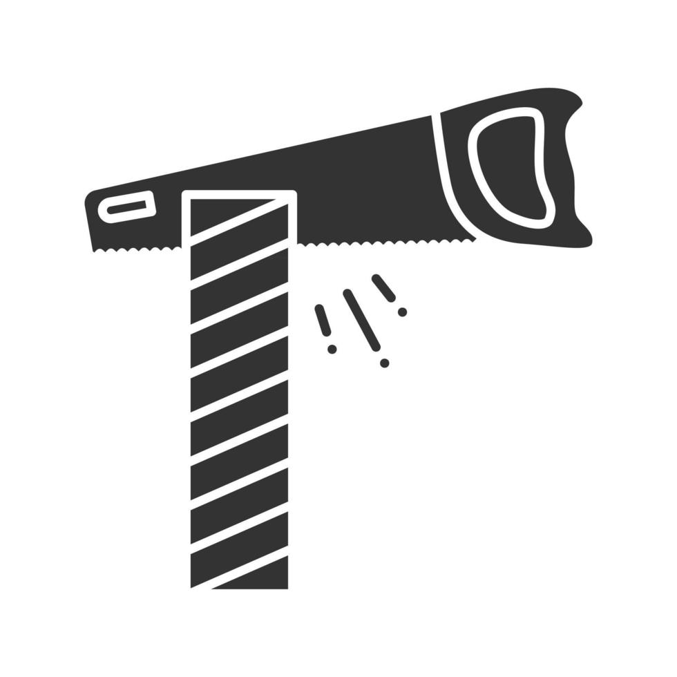 Sierra de mano cortando icono de glifo de tablón de madera. símbolo de silueta. espacio negativo. vector ilustración aislada