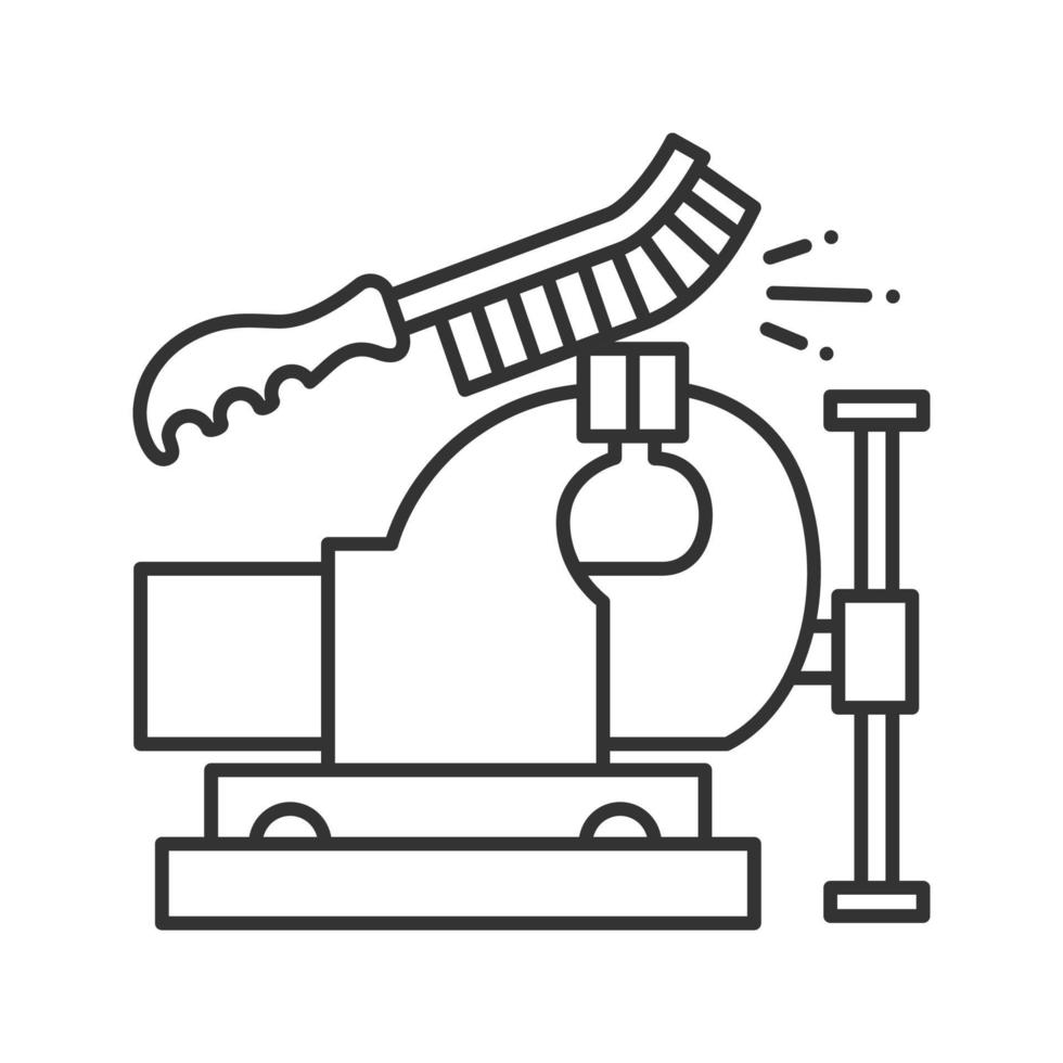 Bench vice cleaning with wire brush linear icon. Thin line illustration. Leg vice. Contour symbol. Vector isolated outline drawing