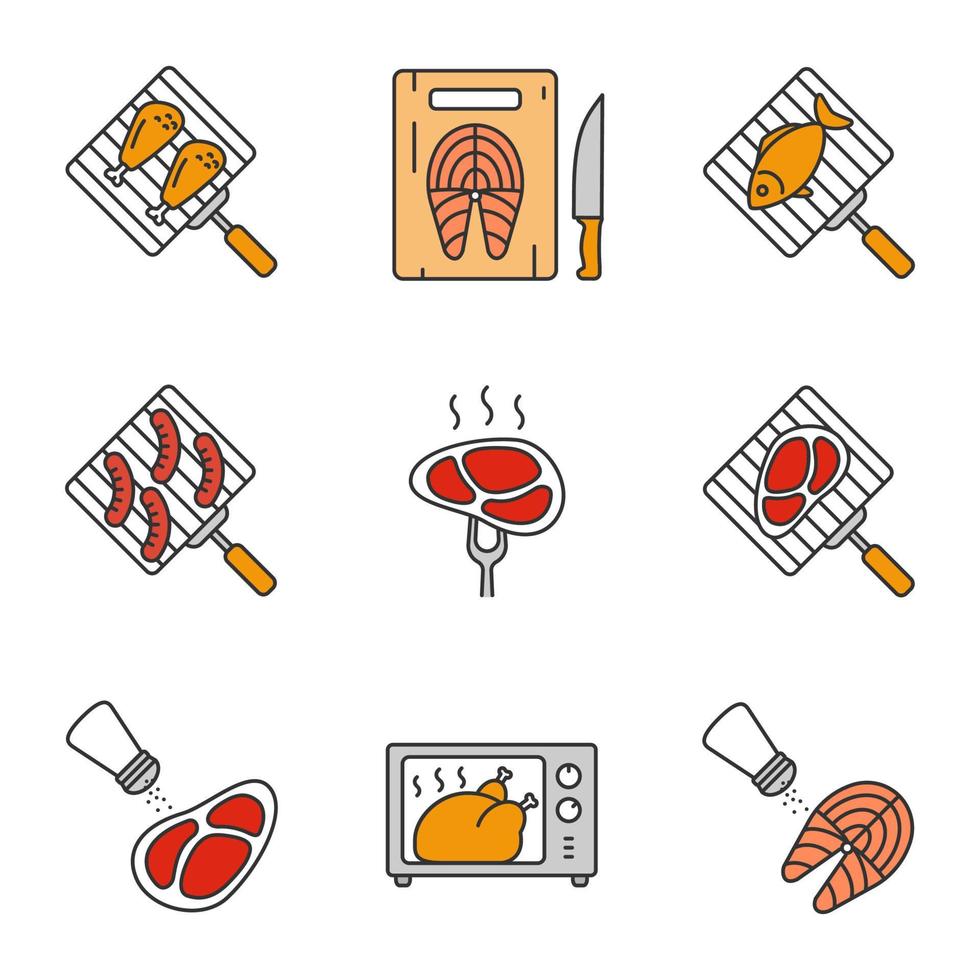 Food preparation color icons set. Barbecue. Grilling, salting, cutting, fish cooking in microwave oven, meat and sausages. Isolated vector illustrations