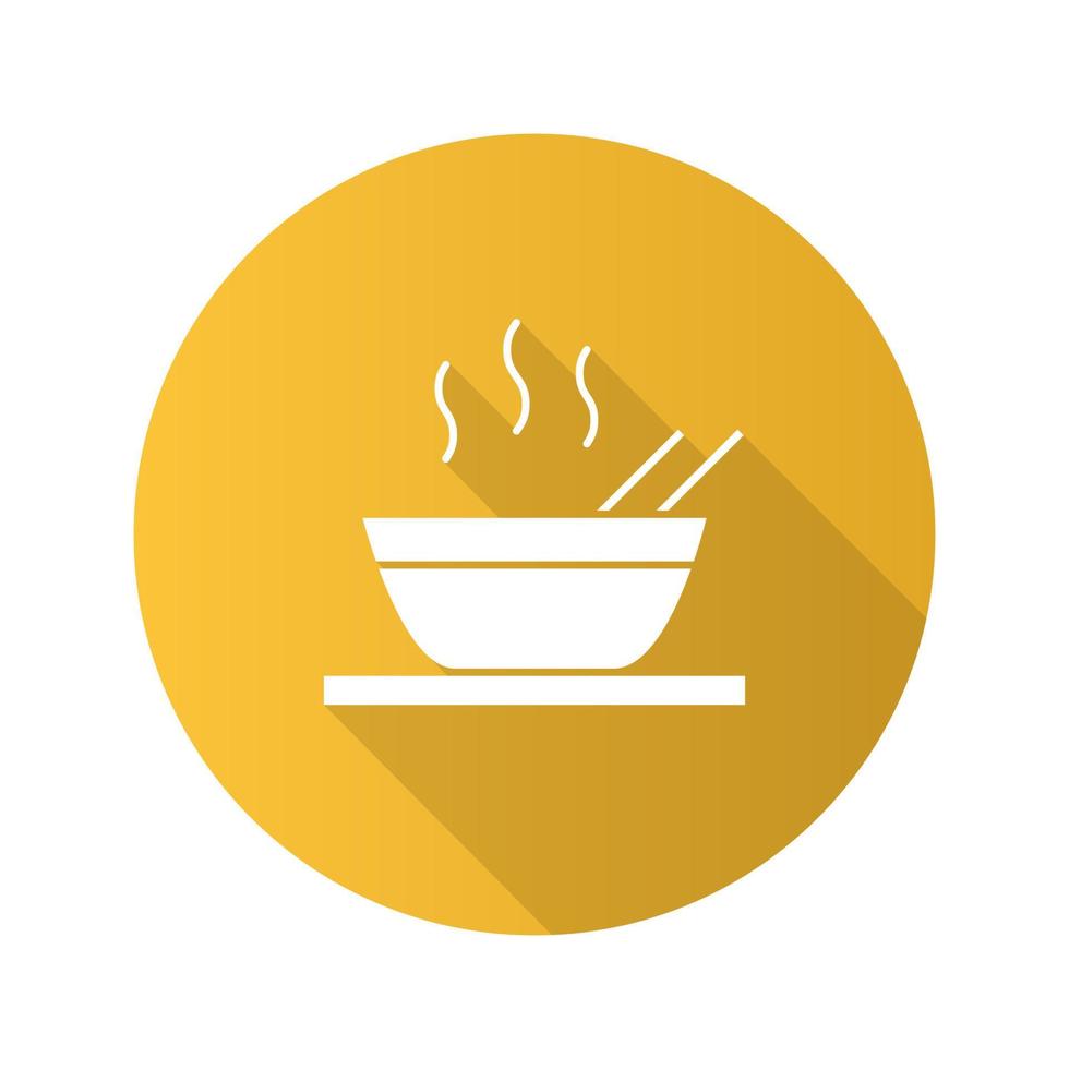 Hot chinese dish flat design long shadow glyph icon. Soup, ramen, rice or noodles. Vector silhouette illustration
