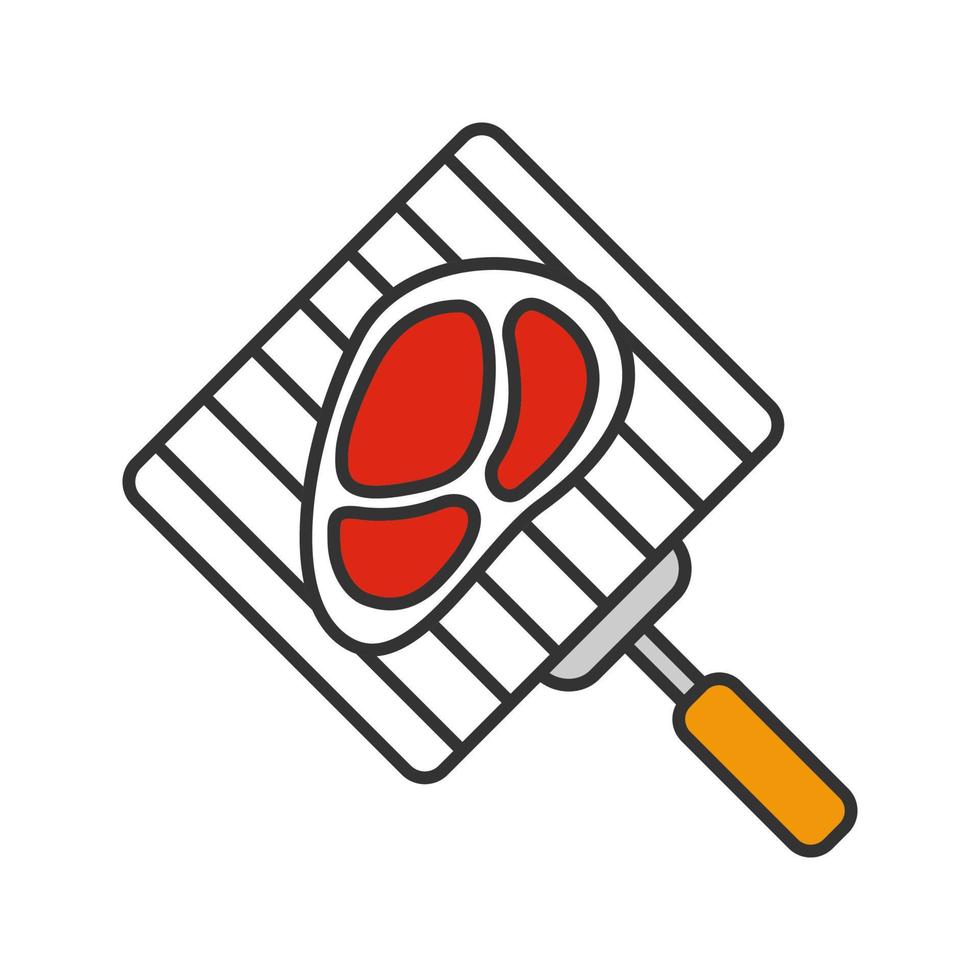 Hand grill with steak color icon. Barbecue grid with beefsteak. Isolated vector illustration