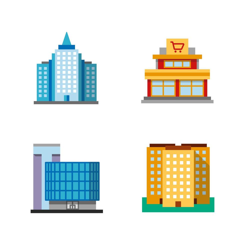 Conjunto de iconos de colores de larga sombra de diseño plano de edificios de la ciudad. edificio de varios pisos, centro de negocios, centro comercial, rascacielos. ilustraciones de silueta de vector