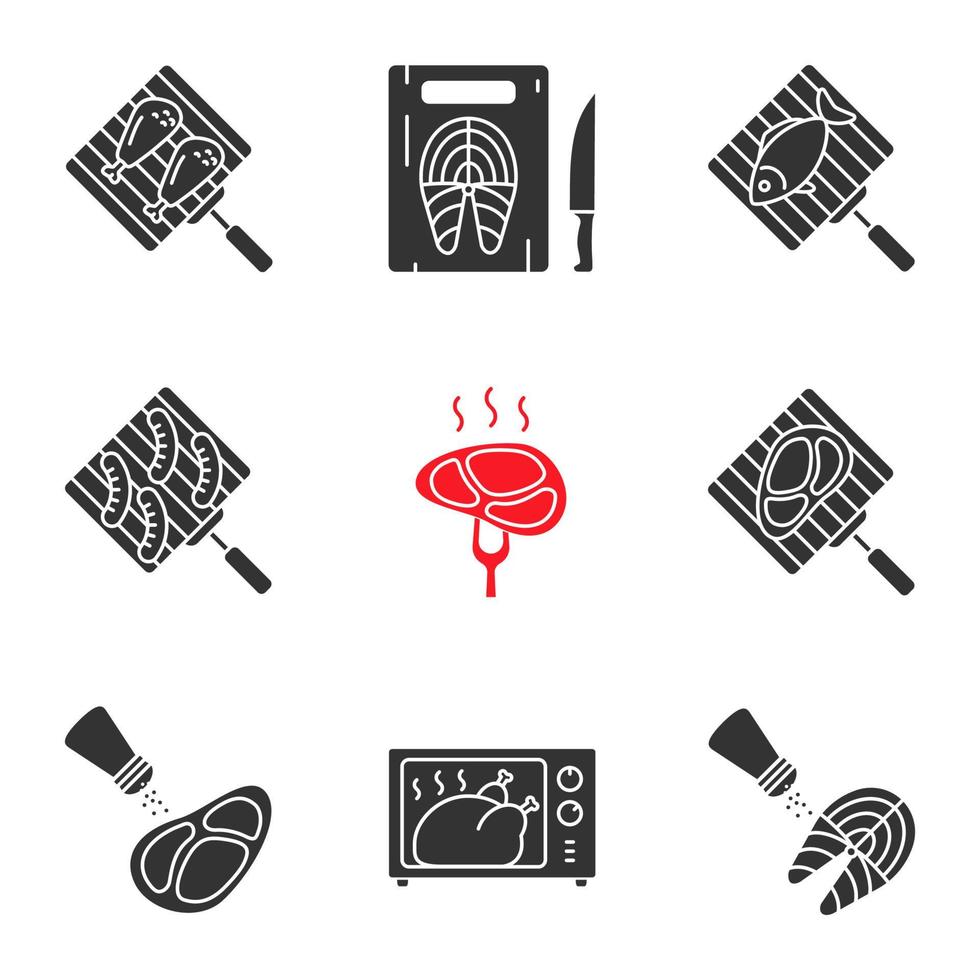 conjunto de iconos de glifo de preparación de alimentos. parilla. grill, salazón, corte, cocción de pescado en microondas, carnes y embutidos. símbolos de silueta. vector ilustración aislada