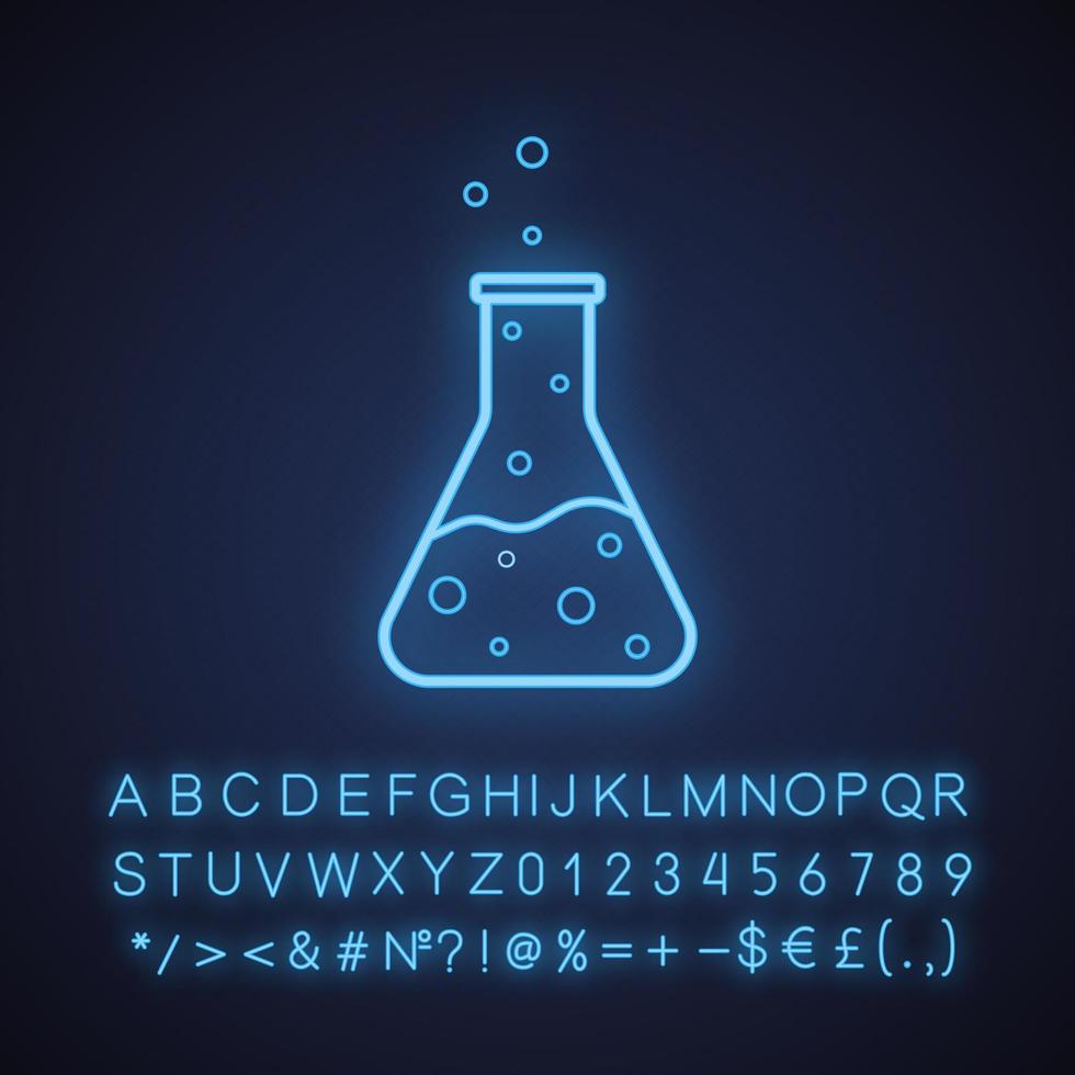 matraz de laboratorio icono de luz de neón. recipiente químico. signo brillante con alfabeto, números y símbolos. vector ilustración aislada