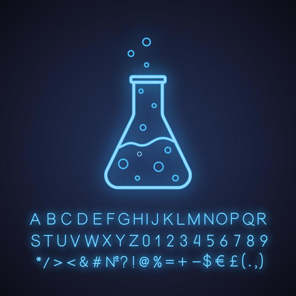 Laboratory flask neon light icon. Chemical vessel. Glowing sign with alphabet, numbers and symbols. Vector isolated illustration