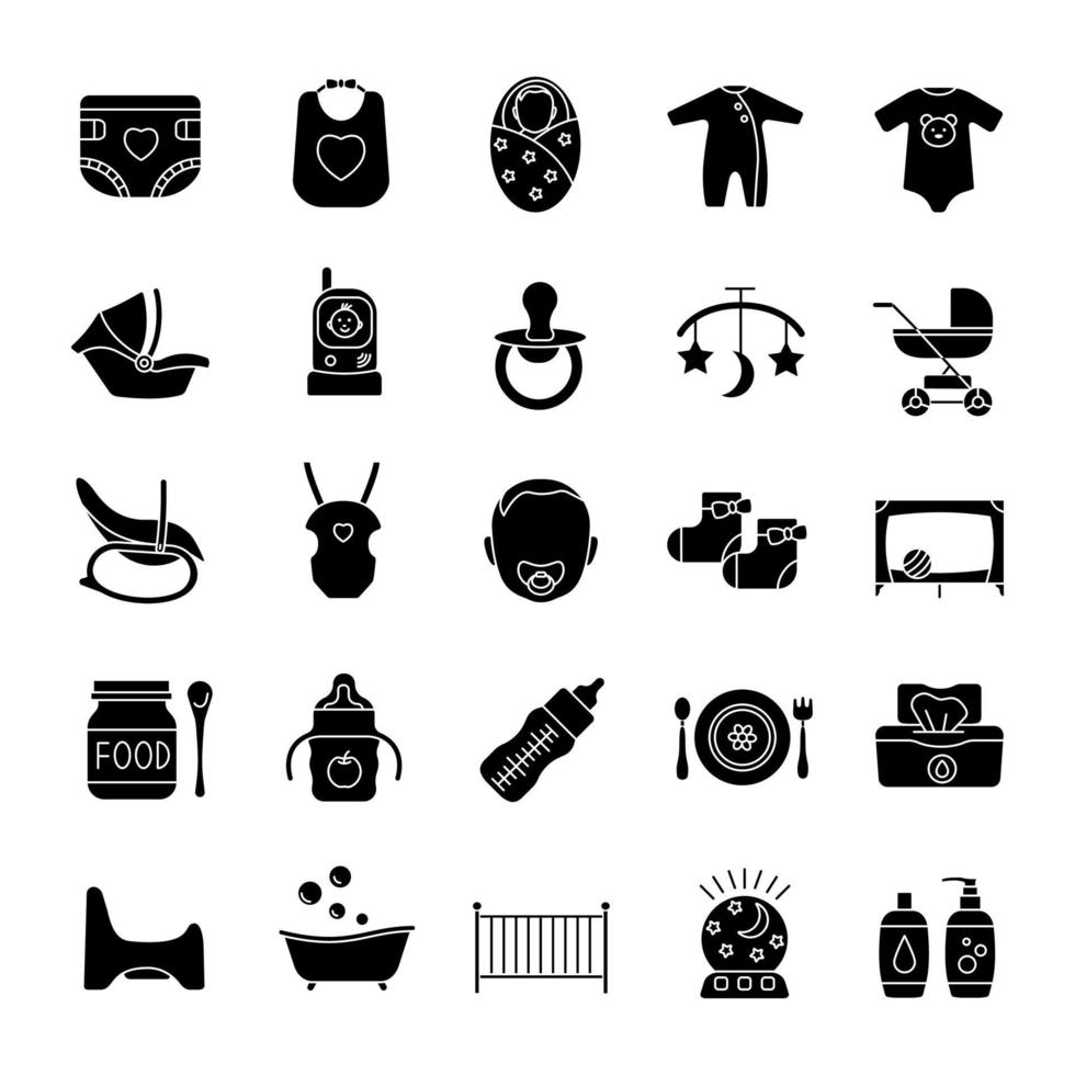 Childcare glyph icons set. Equipment, clothes, carriages, car seats, nutrition for babies. Silhouette symbols. Vector isolated illustration