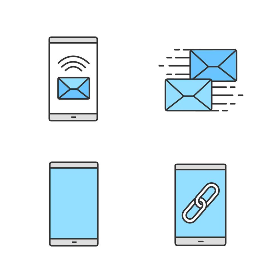 Smartphone apps color icons set. Incoming message, mailing, mobile phone, link sharing. Isolated vector illustrations