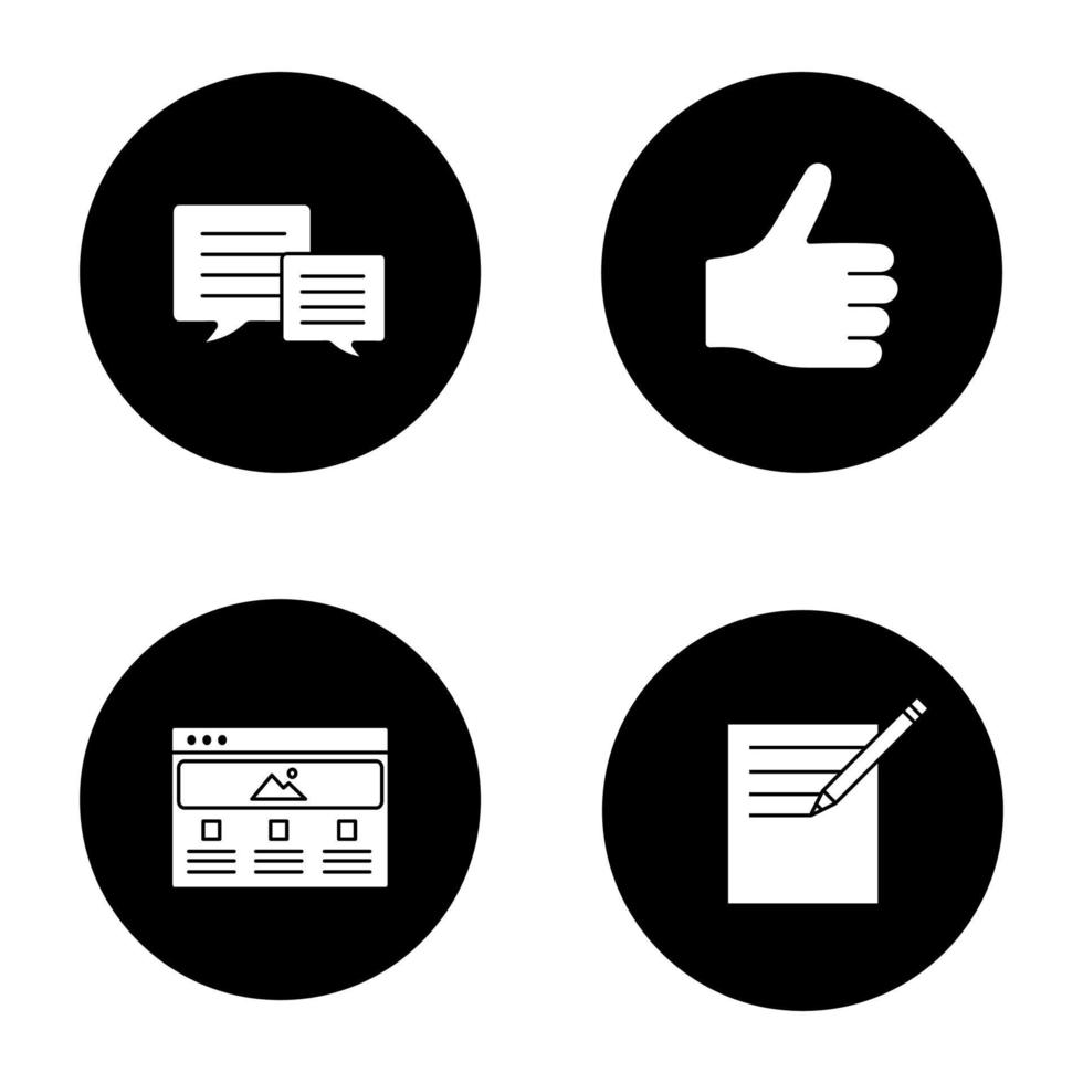 Information center glyph icons set. Chatting, taking notes, thumbs up, web page. Vector white silhouettes illustrations in black circles