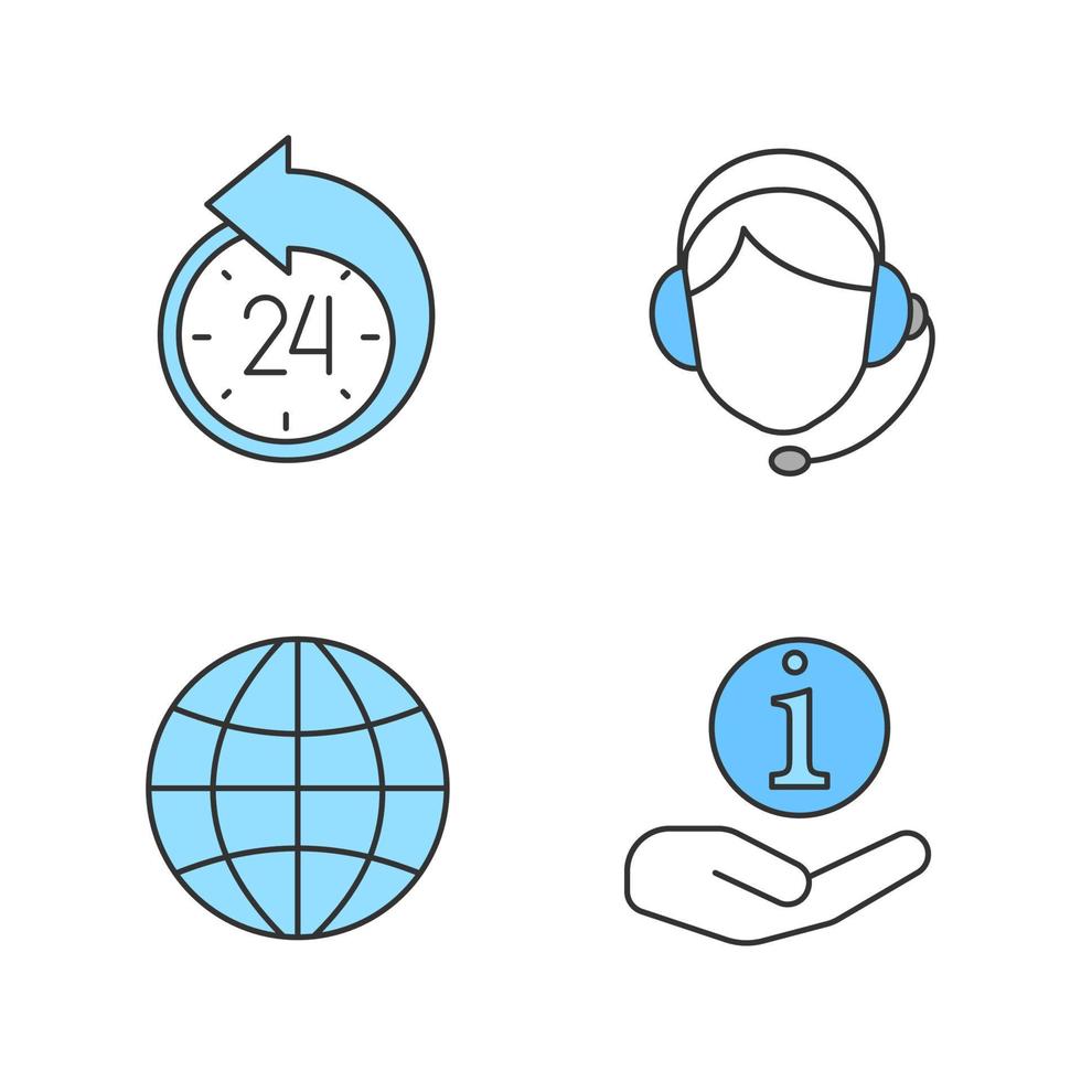 Information center color icons set. Reschedule, globe, helpdesk, call center operator. Isolated vector illustrations