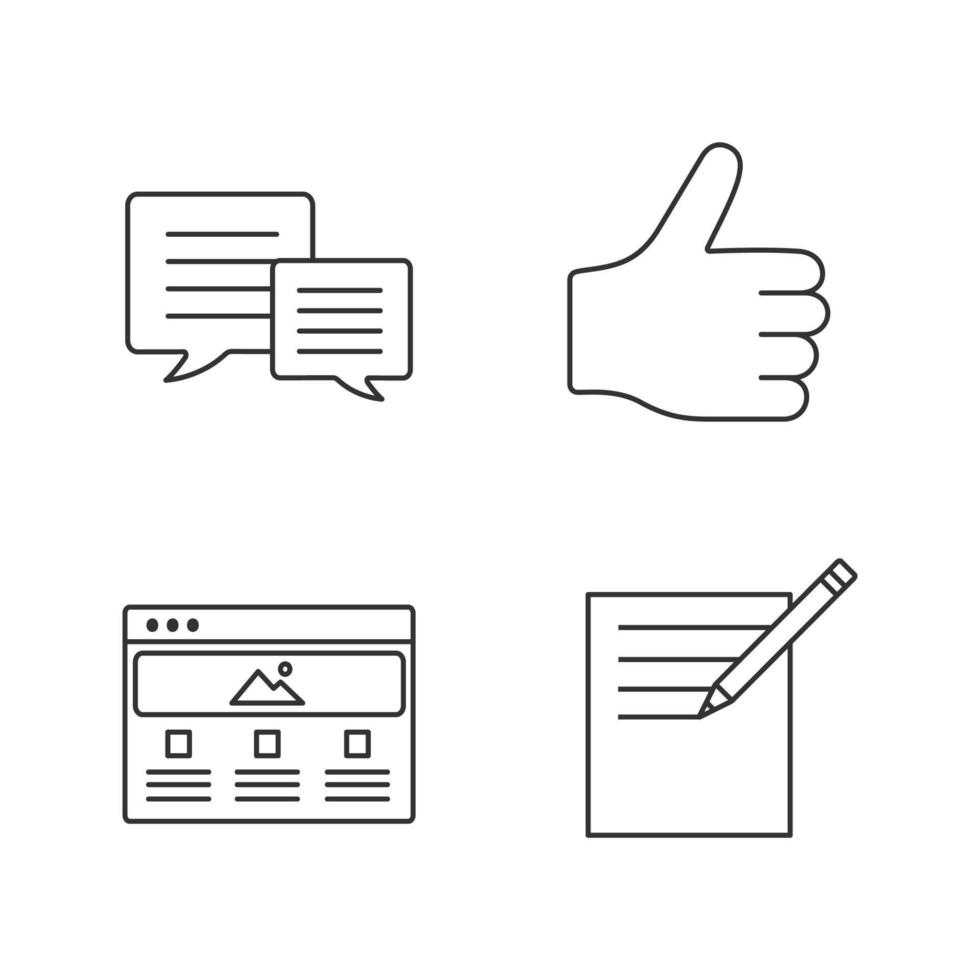 Information center linear icons set. Chatting, taking notes, thumbs up, web page. Thin line contour symbols. Isolated vector outline illustrations