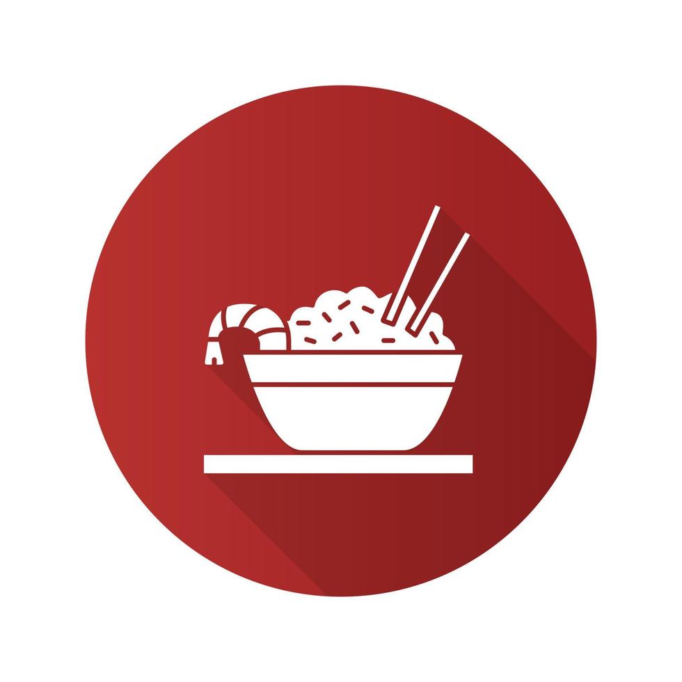 arroz con camarones icono de glifo de larga sombra de diseño plano. arroz frito chino en tazón y palillos. ilustración de silueta de vector
