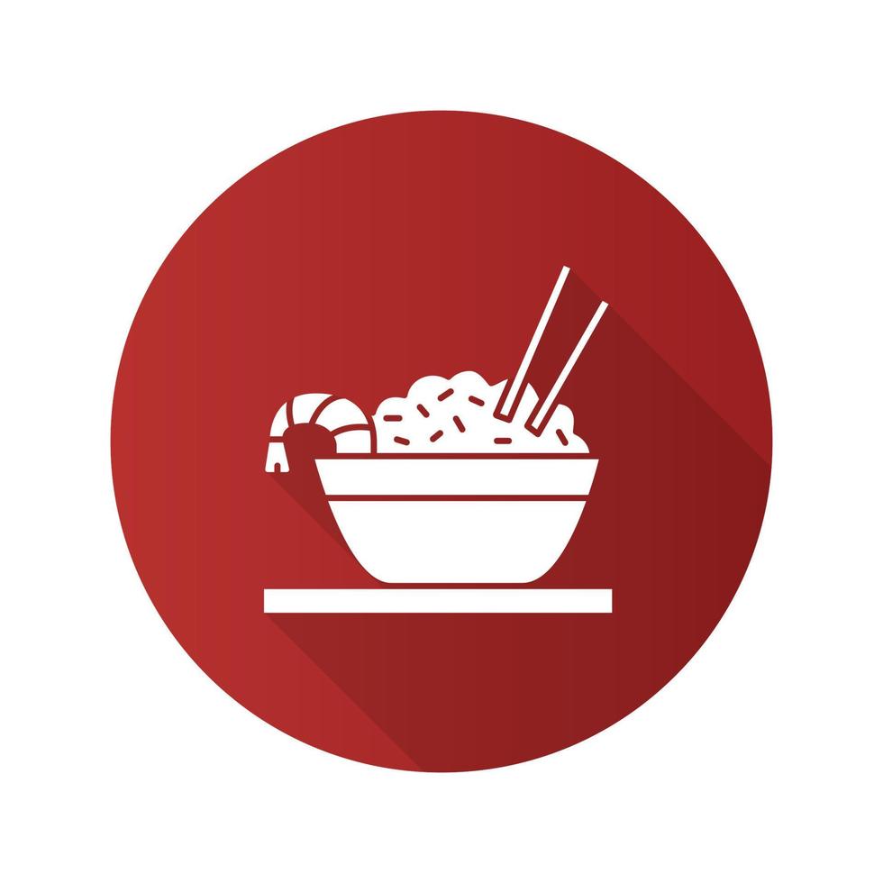 Rice with shrimps flat design long shadow glyph icon. Chinese fried rice in bowl and chopsticks. Vector silhouette illustration