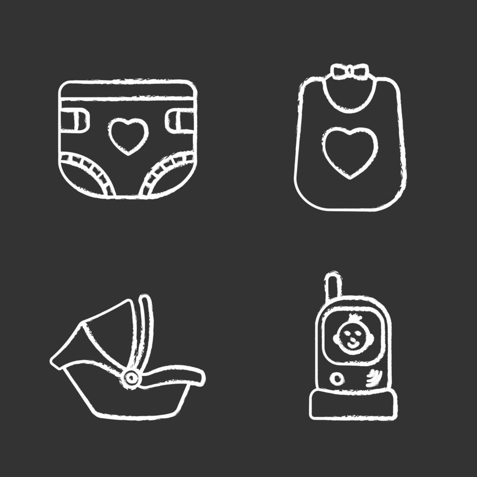 Childcare chalk icons set. Baby diaper, bib, car seat, radio nanny. Isolated vector chalkboard illustrations