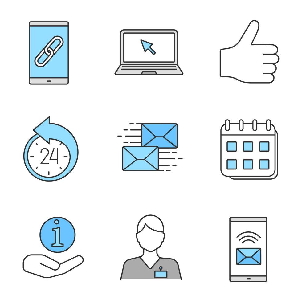 Information center color icons set. Link, laptop, like, reschedule, mailing, calendar, helpdesk, hotline, incoming message. Isolated vector illustrations