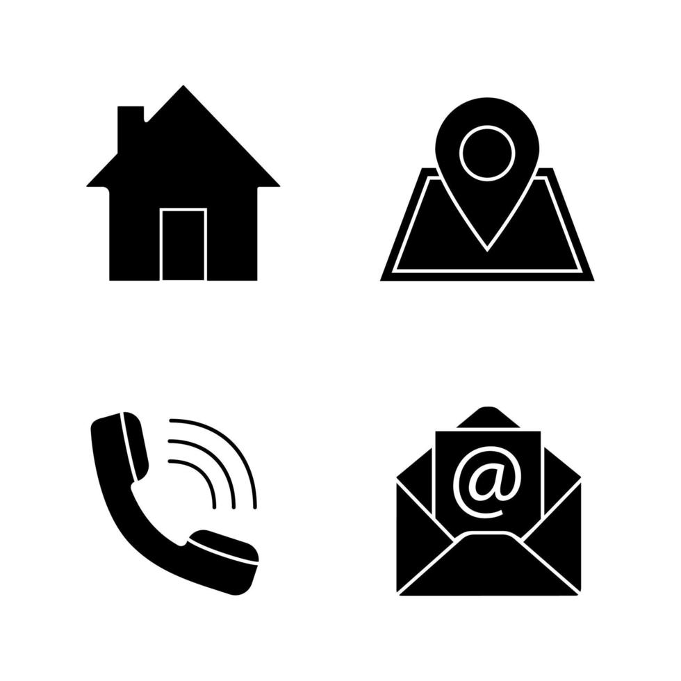 conjunto de iconos de glifo de centro de información. página de inicio, navegación gps, llamada entrante, correo electrónico. símbolos de silueta. vector ilustración aislada