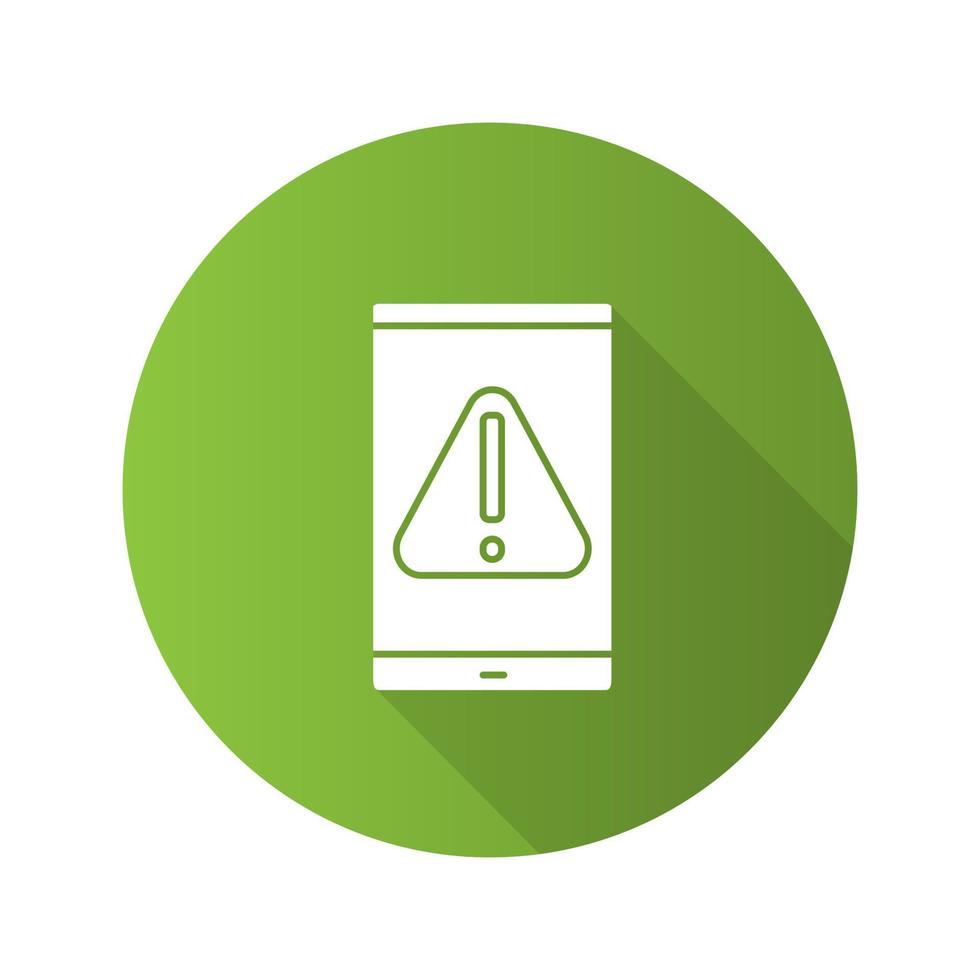 Error de smartphone diseño plano icono de glifo de sombra larga. notificación de advertencia. pantalla del teléfono móvil con signo de exclamación. ilustración de silueta de vector