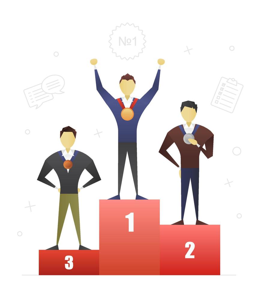 Students contest flat character design. Competition for programmers. Winners, champions. First, second and third places. Vector isolated illustration