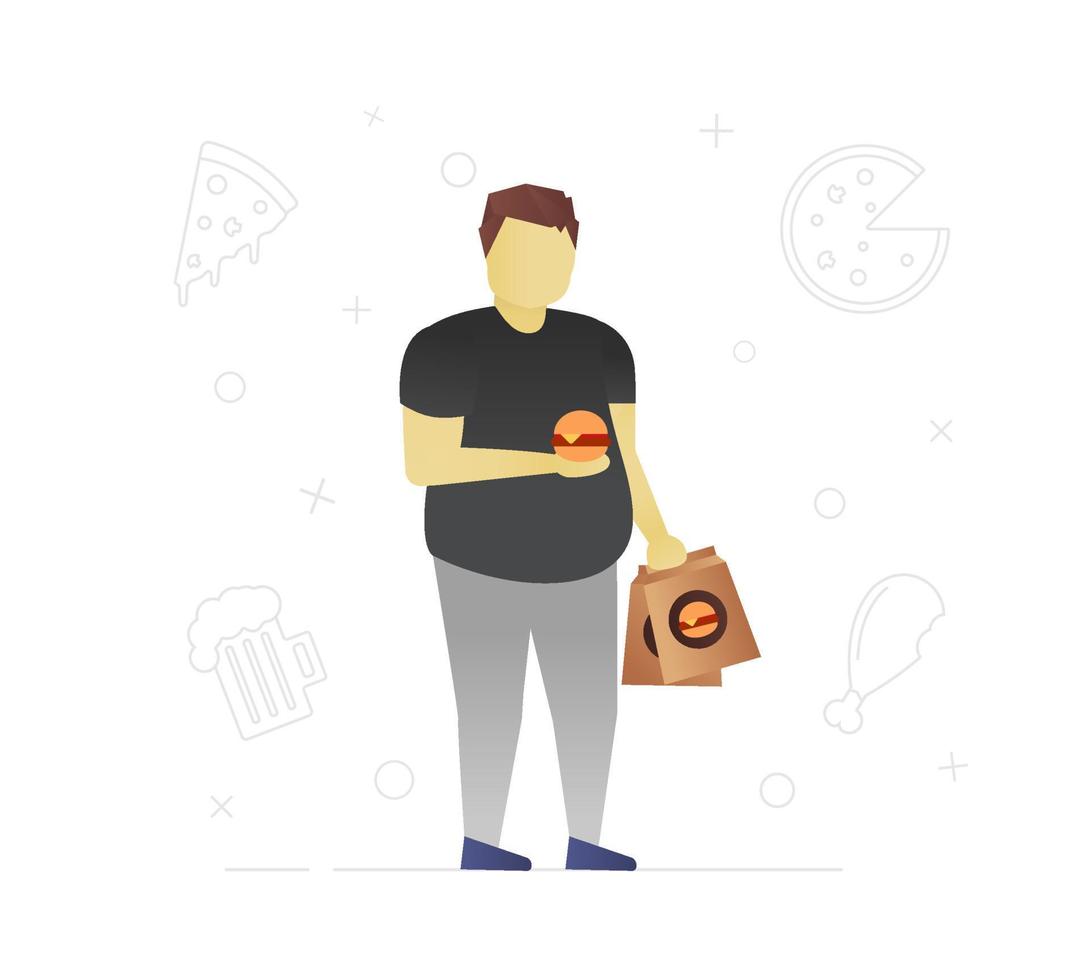 Fat man eating fast food flat character design. Unhealthy nutrition. Overweight, obesity problem. Vector isolated illustration