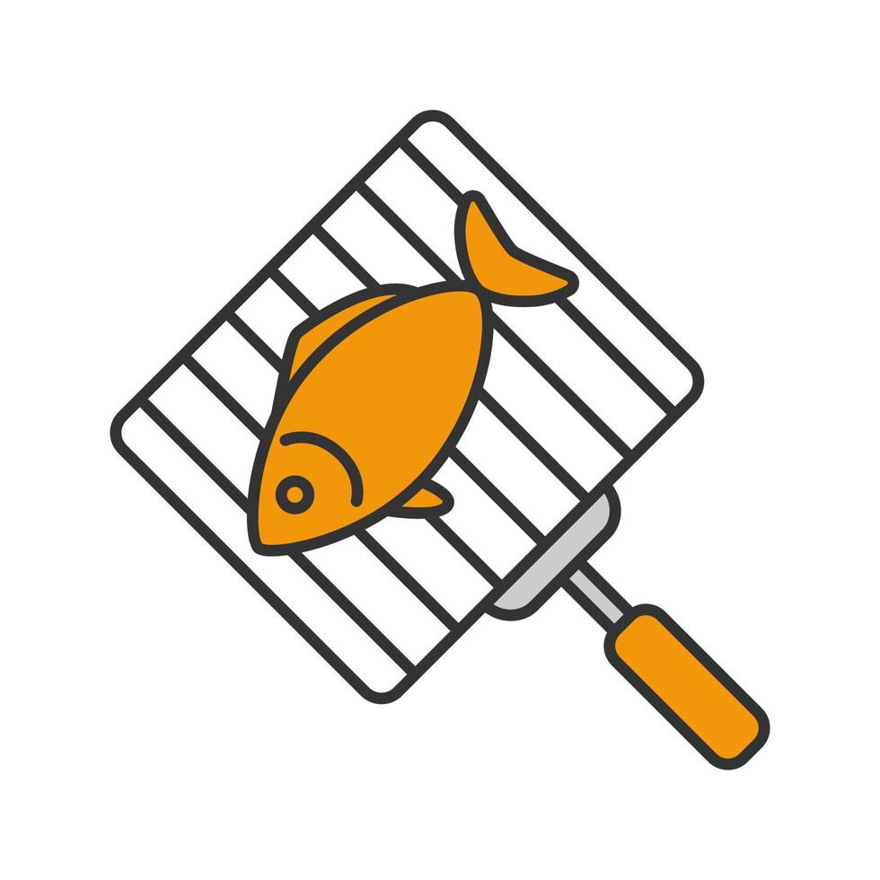 Hand grill with salmon fish color icon. Barbecue grid. Grilling basket with fish steak. Isolated vector illustration