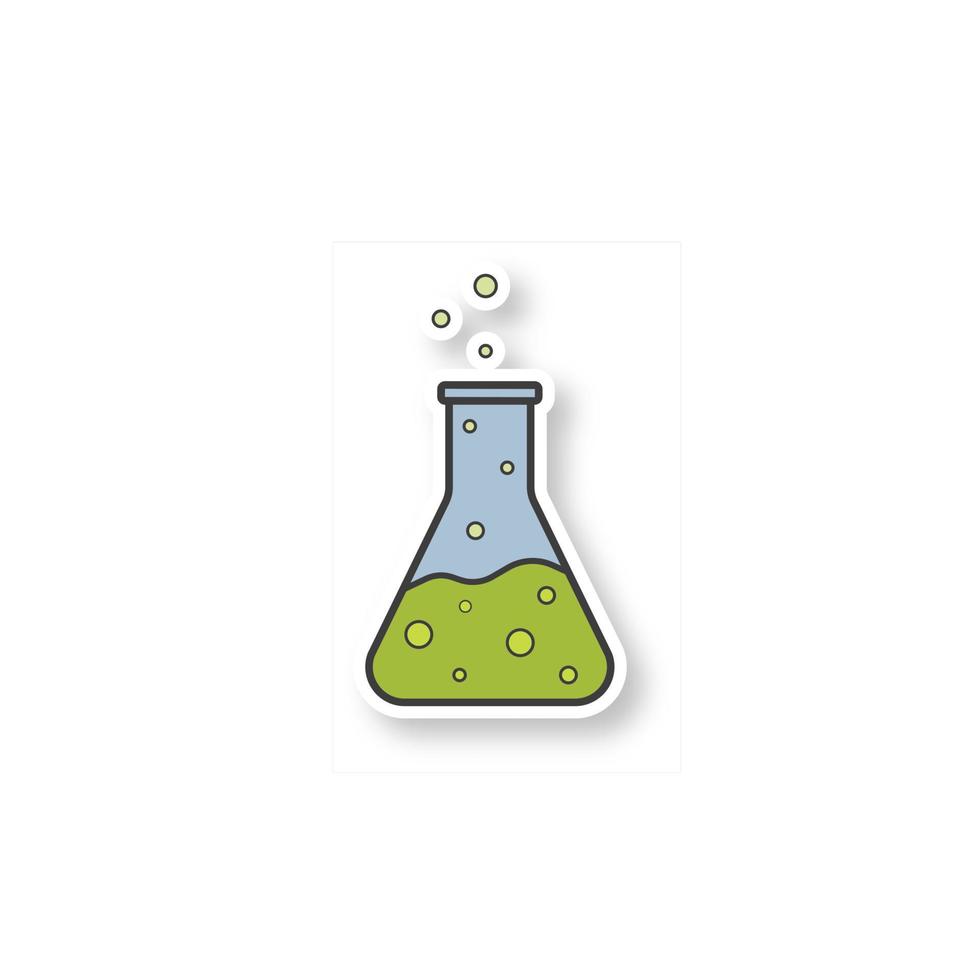 Boiling potion patch. Laboratory flask. Chemical reaction. Color sticker. Vector isolated illustration