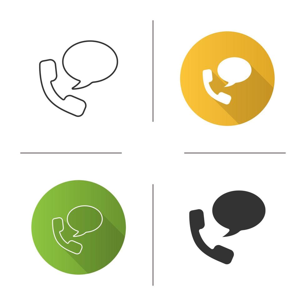 Handset with speech bubble icon. Hotline. Telephone support. Voice message. Flat design, linear and glyph styles. Isolated vector illustrations