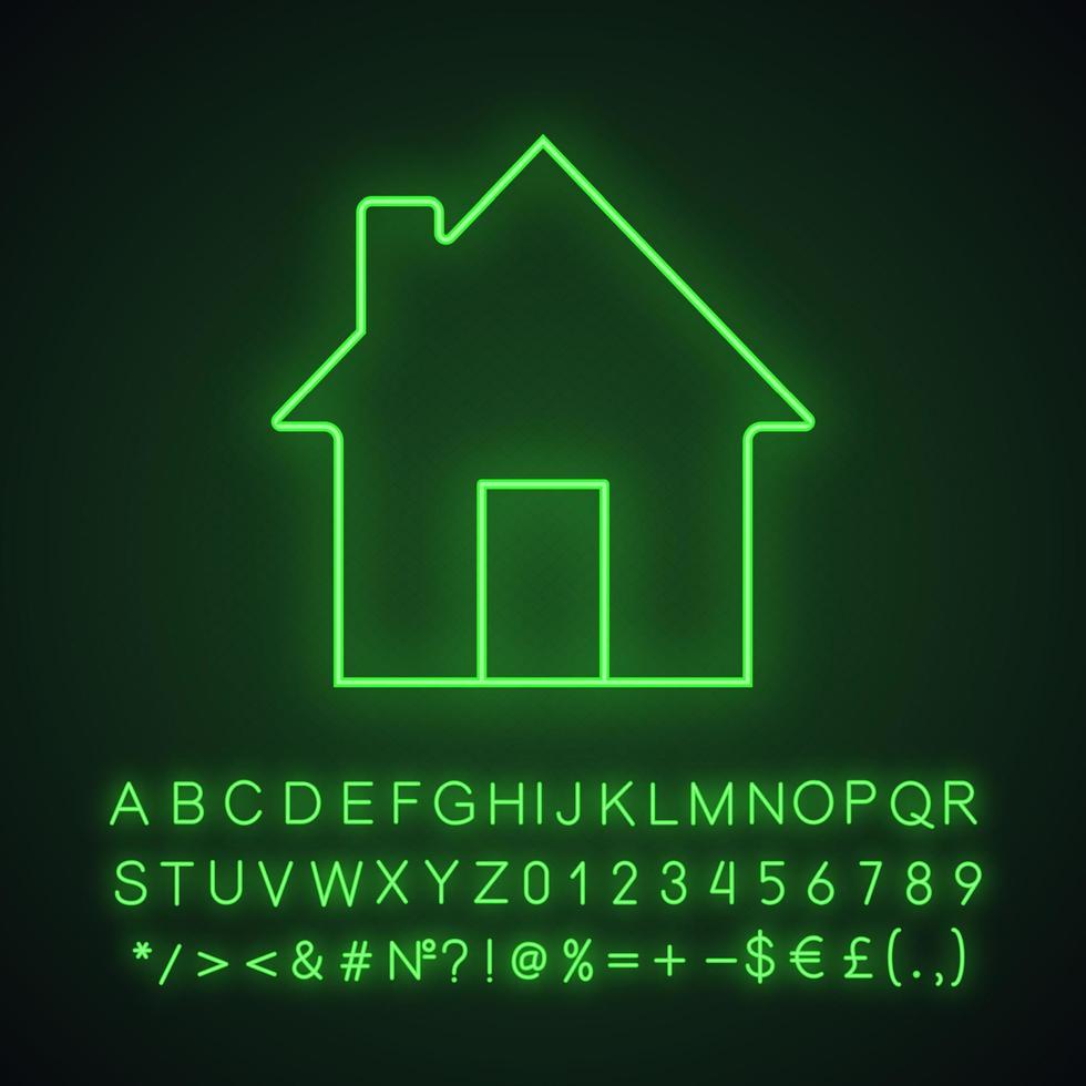 icono de luz de neón de la página de inicio. casa, construcción de viviendas. signo brillante con alfabeto, números y símbolos. vector ilustración aislada