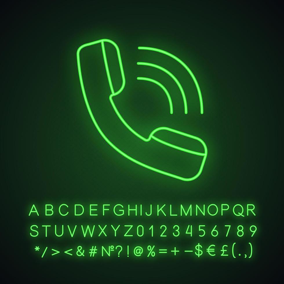 Handset neon light icon. Incoming call. Hotline. Telephone support. Glowing sign with alphabet, numbers and symbols. Vector isolated illustration