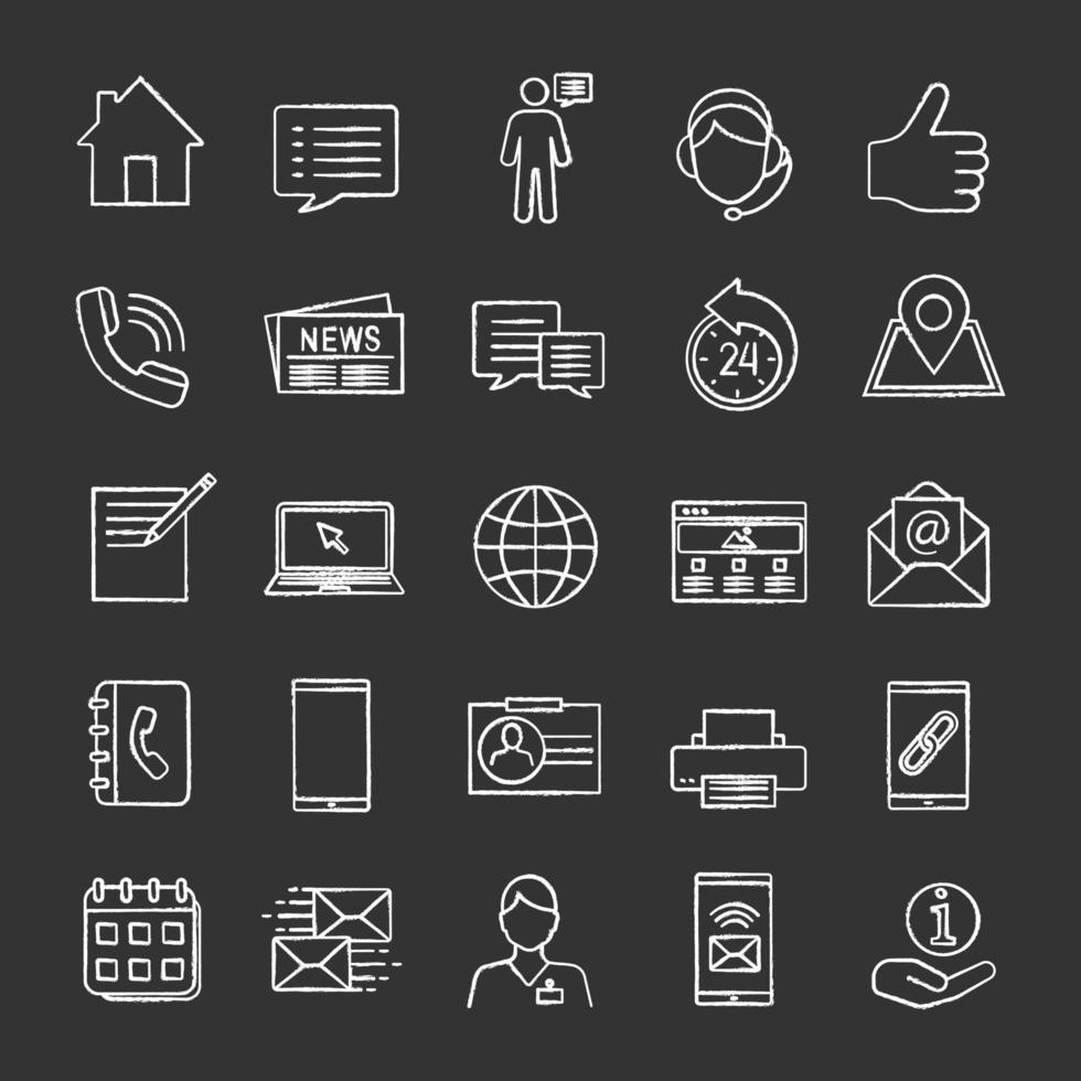 Information center chalk icons set. Office supplies, communication devices, support service. Isolated vector chalkboard illustrations