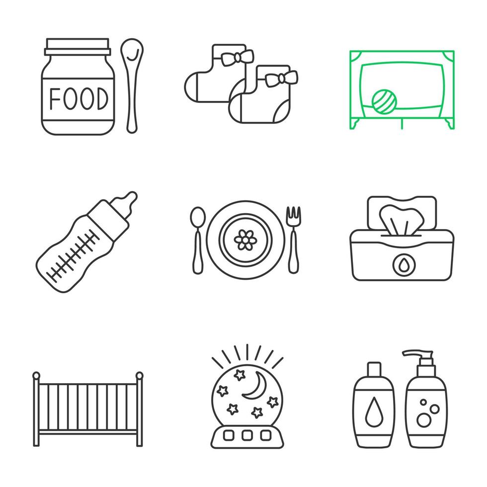 Childcare linear icons set. Baby food, socks, playpen, feeding bottle, dishes, wet wipes, crib, night light, shampoo and soap. Thin line contour symbols. Isolated vector outline illustrations