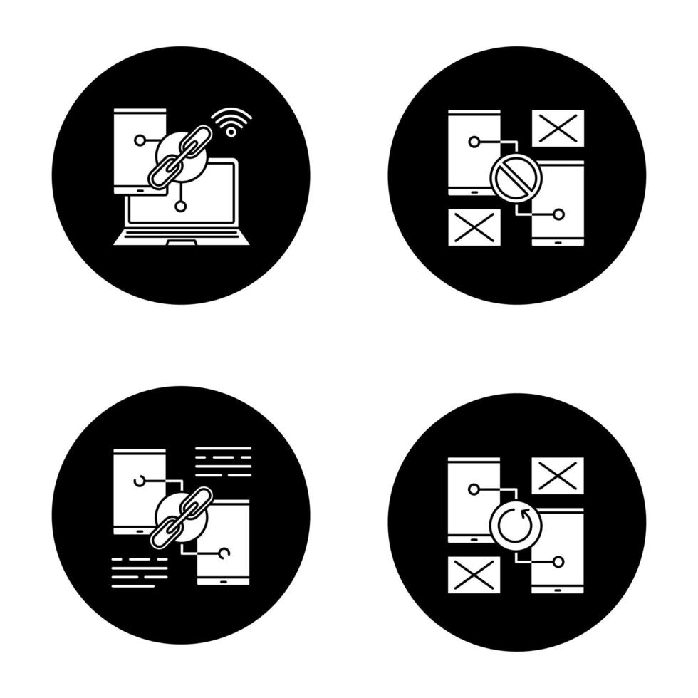 teléfono inteligente muestra conjunto de iconos de glifos. error de enlace, conexión y sincronización. ilustraciones de siluetas blancas vectoriales en círculos negros vector