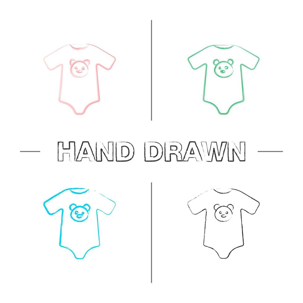 Baby bodysuit hand drawn icons set. Newborn baby clothes. Color brush stroke. Isolated vector sketchy illustrations