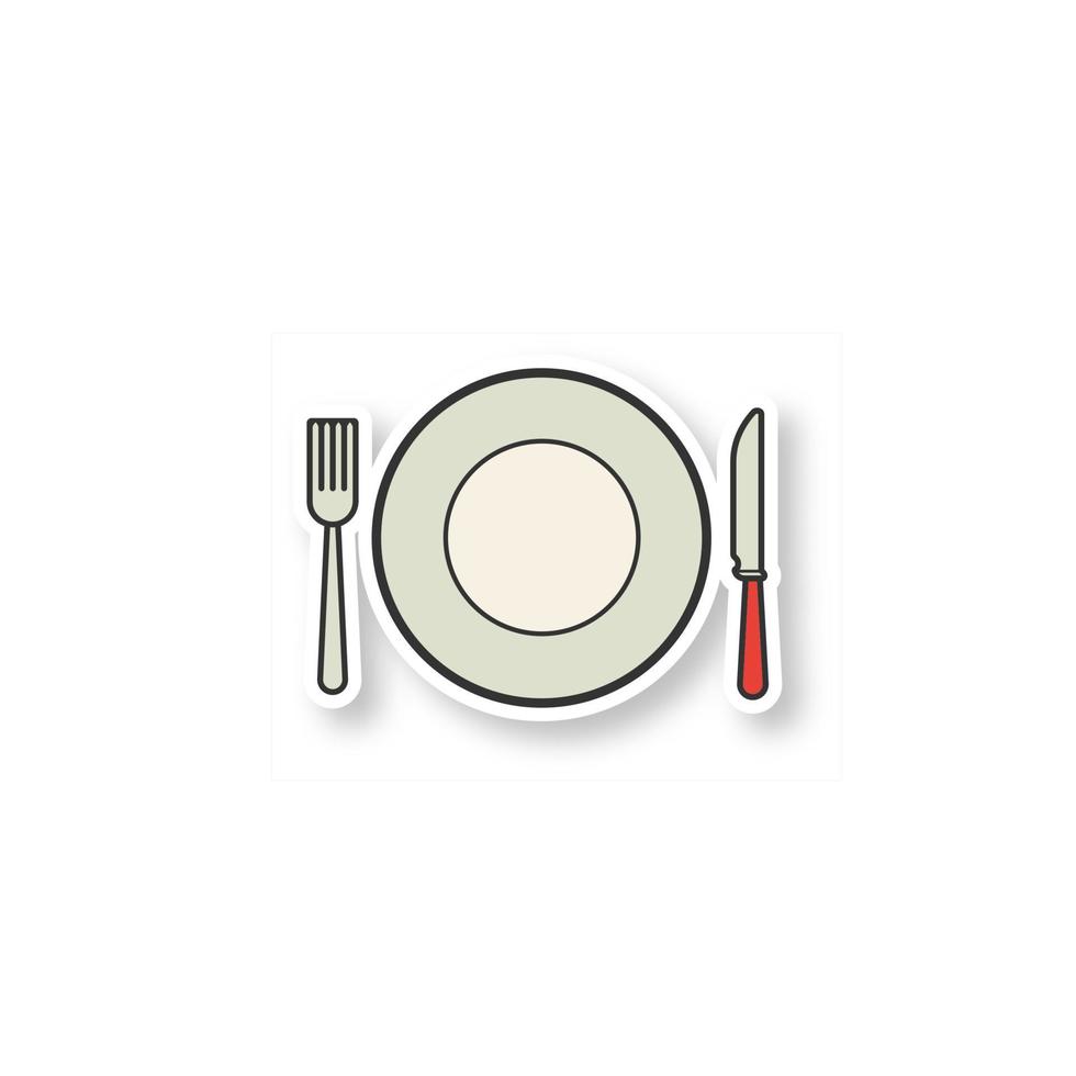 Eatery patch. Fork, table knife and plate. Tableware set. Color sticker. Vector isolated illustration