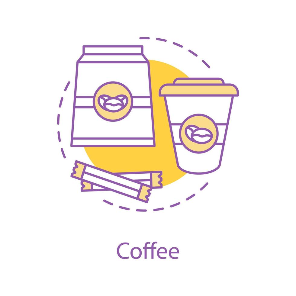 icono de concepto de casa de café. paquete de granos de café, azúcar, vaso de papel desechable. Ilustración de línea fina de idea de café. bebida caliente. dibujo de contorno aislado vectorial vector