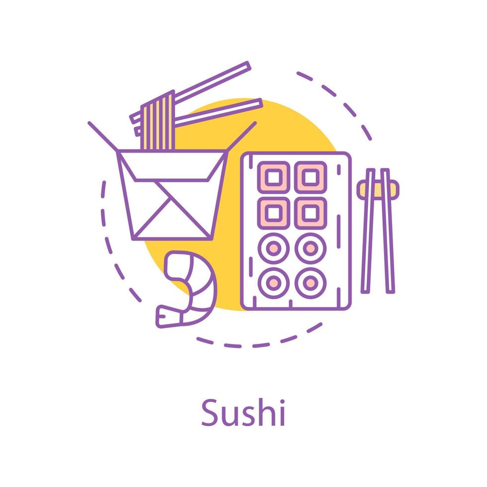 Sushi concept icon. Wok cafe idea thin line illustration. Sushi bar. Chinese food. Noodles. Vector isolated outline drawing