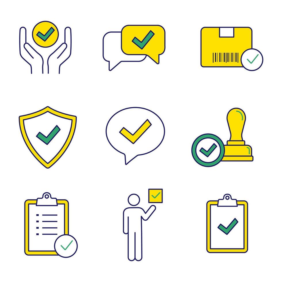 Approve color icons set. Quality service, approved chat, delivery, security, dialog, stamp, task planning, voter, clipboard with checkmark. Isolated vector illustrations