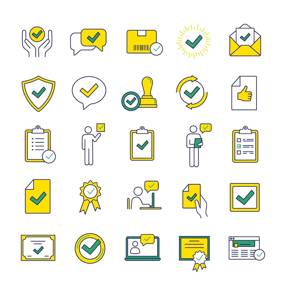 Approve color icons set. Quality assurance. Verification and validation. Confirmation. Certificates, awards, quality badges with checkmarks. Isolated vector illustrations