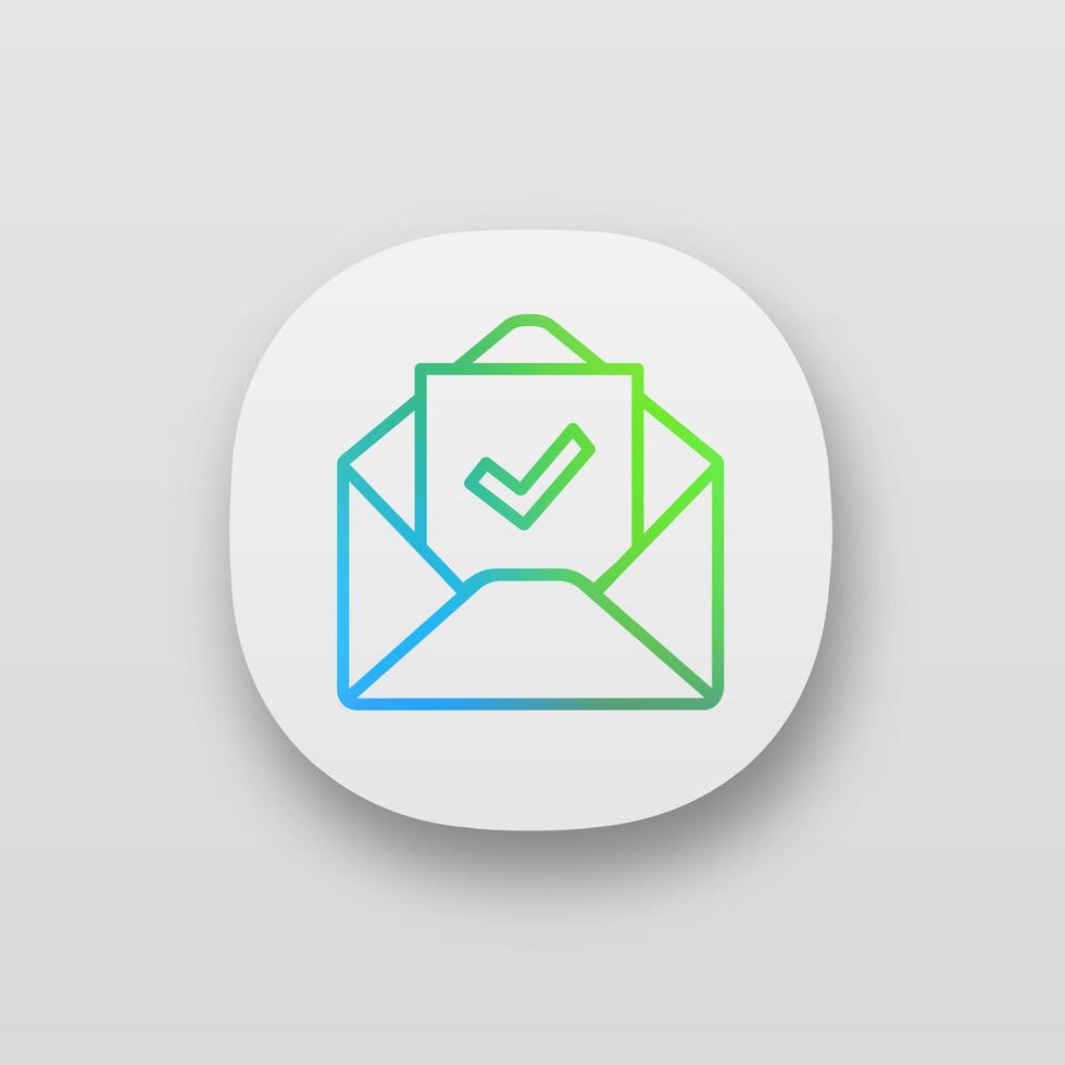 Email confirmation app icon. E-mail approval response. Hiring letter. Email with check mark. Employment verification letter. UI UX user interface. Mobile application. Vector isolated illustration