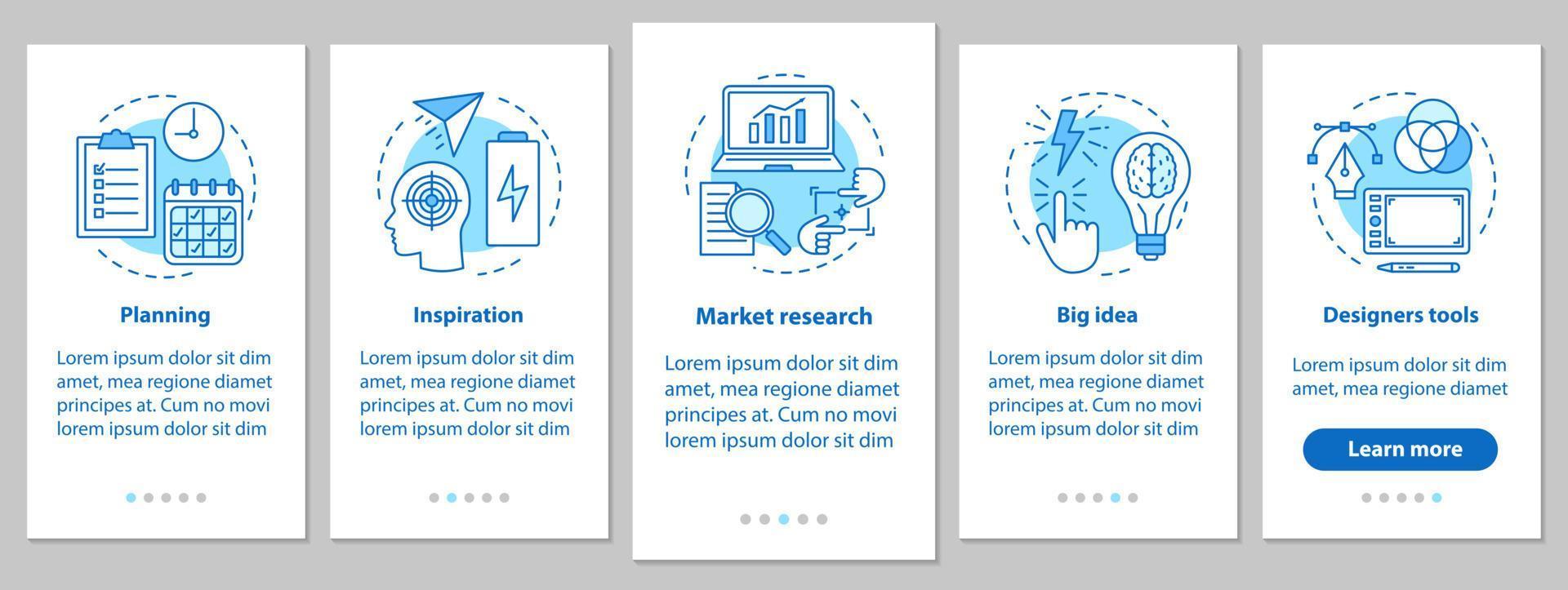 desarrollo de diseño gráfico incorporando la pantalla de la página de la aplicación móvil con conceptos lineales. planificación, inspiración, investigación de mercado, gran idea, herramientas, pasos, instrucciones. ux, ui, gui ilustraciones vectoriales vector