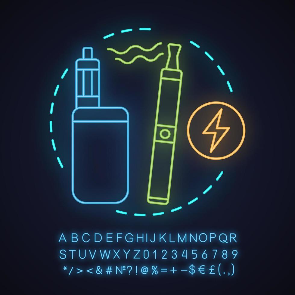 icono de concepto de luz de neón de tienda de vape. idea alternativa de fumar. bolígrafo vape y caja mod. Cigarrillos electrónicos. signo brillante con alfabeto, números y símbolos. vector ilustración aislada