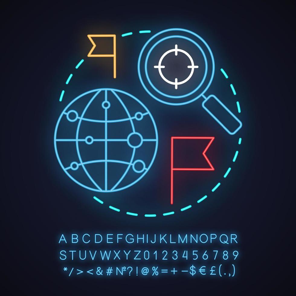 Travel guide neon light concept icon. Choosing travel destination idea. International route searching. Glowing sign with alphabet, numbers and symbols. Vector isolated illustration
