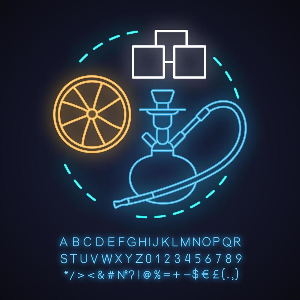 Icono de concepto de luz de neón de hookah bar. idea nargile. tradición de la cachimba. signo brillante con alfabeto, números y símbolos. vector ilustración aislada