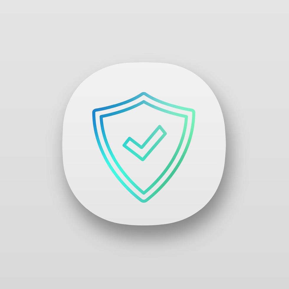 Security approved app icon. Defense, protection. Insurance. Antivirus program. UI UX user interface. Web or mobile application. Successfully tested. Shield with checkmark. Vector isolated illustration