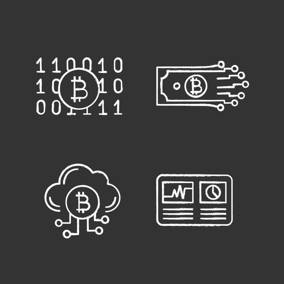 Bitcoin cryptocurrency chalk icons set. Binary code, digital money, cloud mining, hashrate. Isolated vector chalkboard illustrations