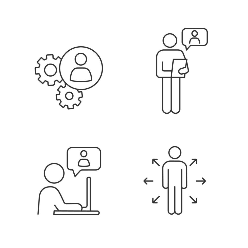 Business management linear icons set. Teamwork, online job interview, chatting, decision management. Thin line contour symbols. Isolated vector outline illustrations. Editable stroke