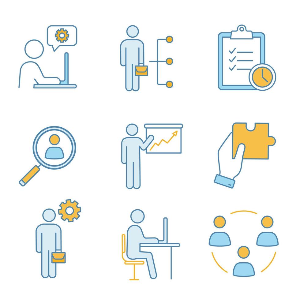 Business management color icons set. Technical chat, employee skills, task planning, staff searching, presentation, solution, manager, office, teamwork. Isolated vector illustrations