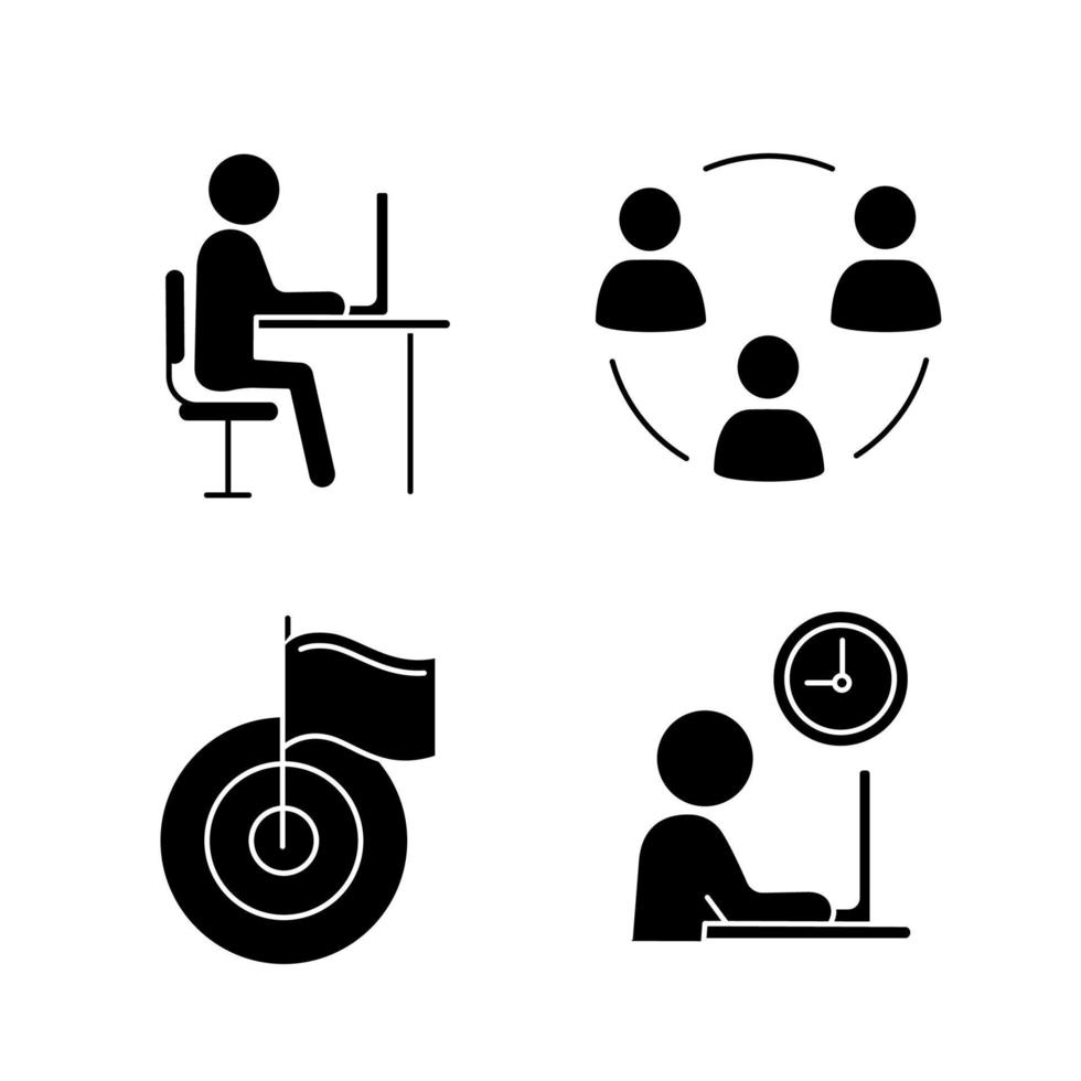 conjunto de iconos de glifo de gestión empresarial. trabajo a distancia, trabajo en equipo, logros, horas de trabajo. símbolos de silueta. vector ilustración aislada