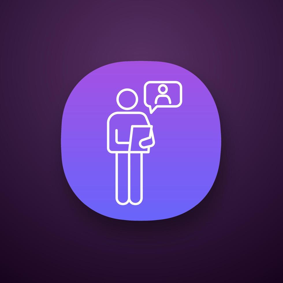 Online job interview app icon. UI UX user interface. HR manager reading resume. Person holding tablet pc or clipboard. Web or mobile application. Vector isolated illustration