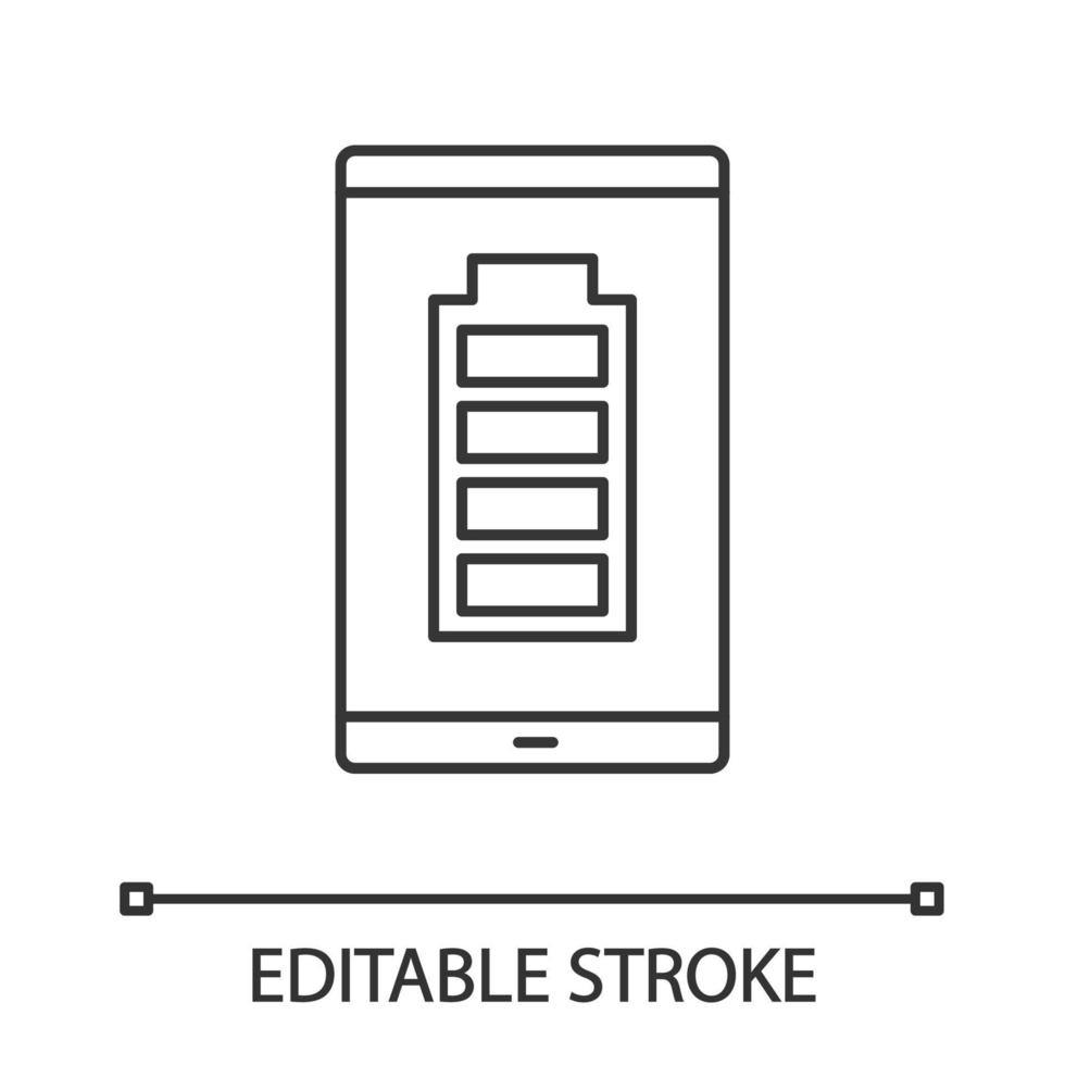 icono lineal de batería de teléfono inteligente completamente cargada. carga del teléfono móvil completada. Ilustración de línea fina. indicador de nivel de batería. símbolo de contorno. dibujo de contorno aislado vectorial. trazo editable vector